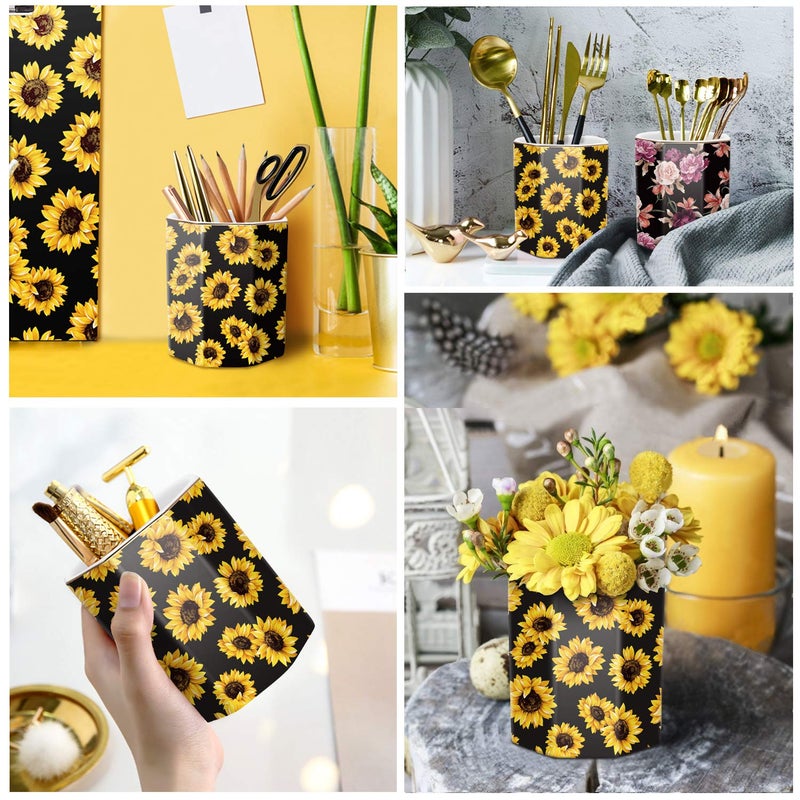 WAVEYU Pen Holder, Pencil Holder for Desk Floral Pattern Pencil Cup for Girls Kids Durable Ceramic Desk Organizer Makeup Brush Holder for Office, Classroom, Home, Sunflower - Image 2